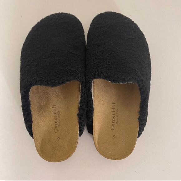 Garnet Hill Black Furry Top Slip On Slide Clog Shoes - Picture 7 of 9